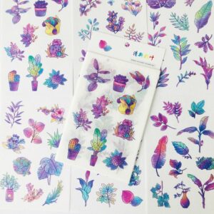 6 Sheets/Pack Purple Gradient Leaf Flowers Paper Stickers Decorative Album Diary Hand Account Decor